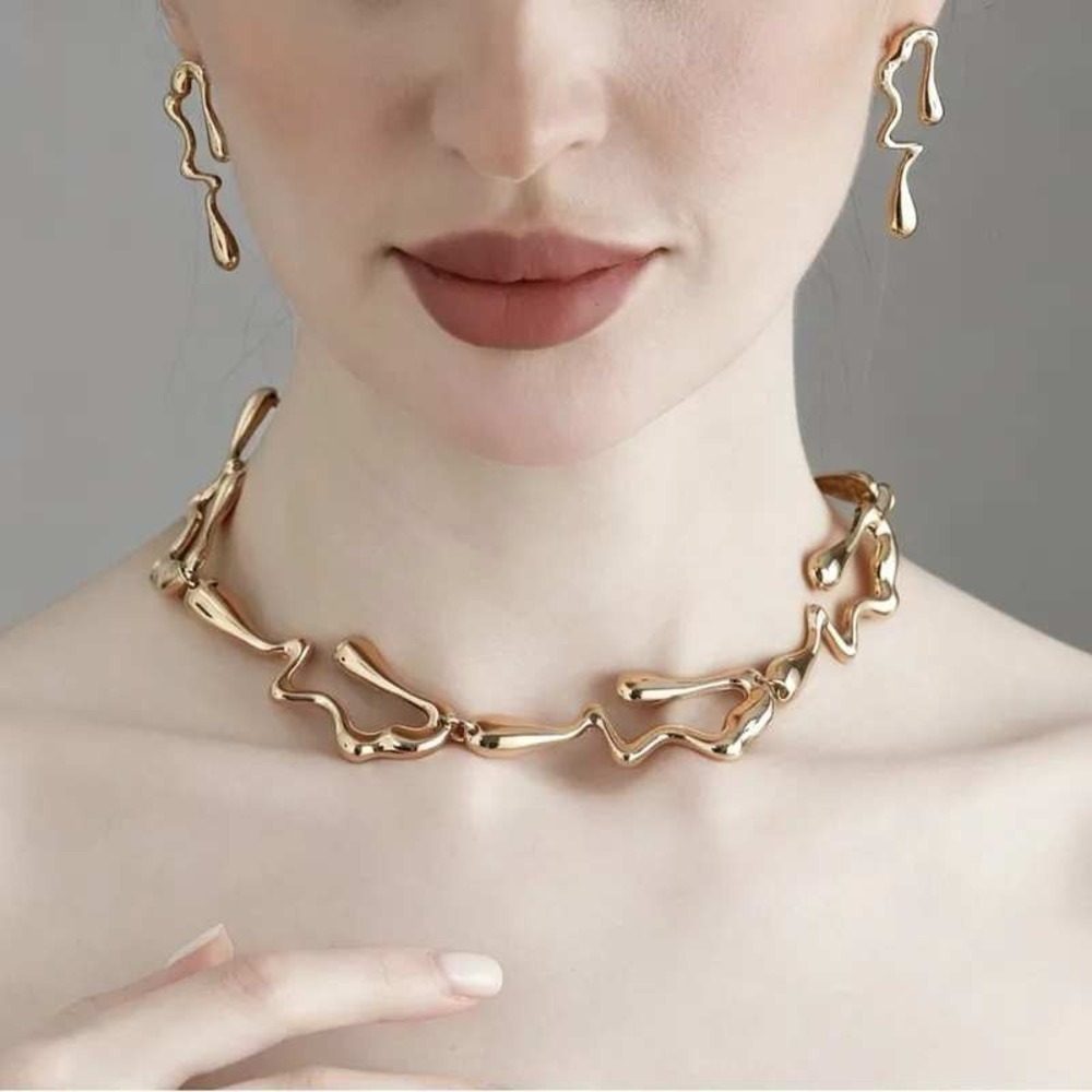 Abstract Molten Choker Necklace Gold Tone Liquidβ Drip Design Minimal Runway